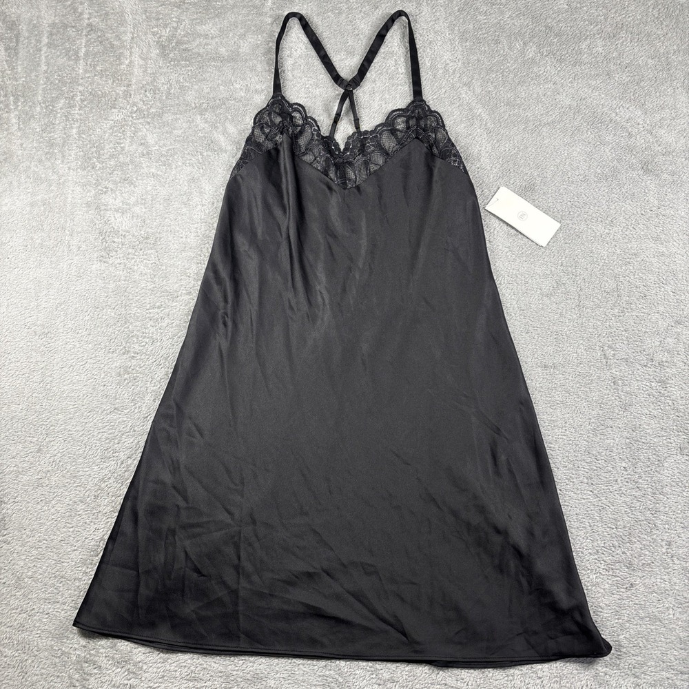 Flora by Flora Nikrooz Slip Black Satin Lace Bodice Sheer Nightgown Size M NWT - Picture 1 of 12